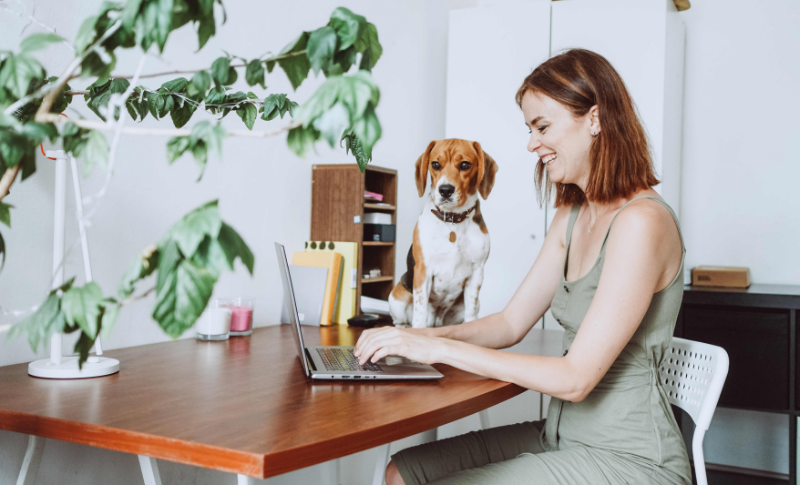 愛犬の横で笑顔で仕事をする女性