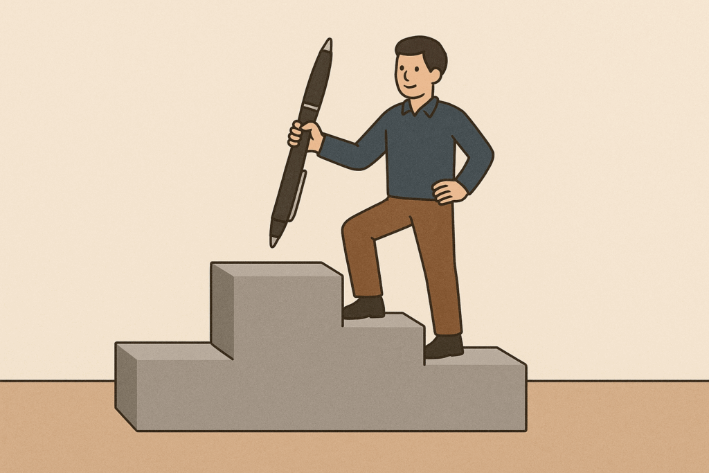 ペンを片手に持ちステップを登る男性のイラスト