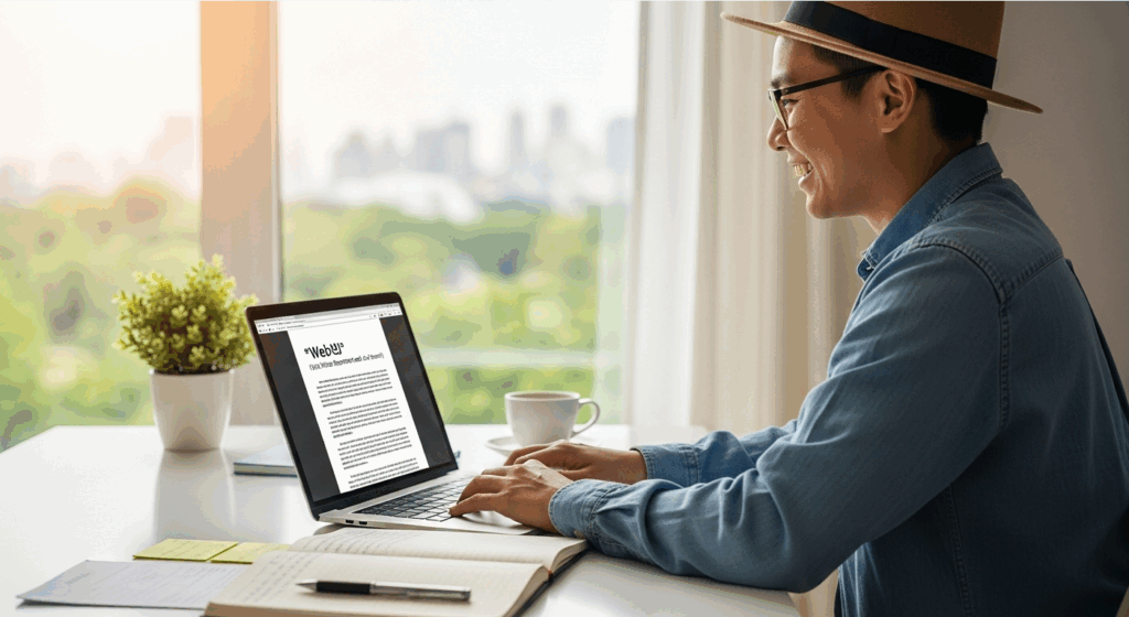 笑顔でパソコンを操作する男性