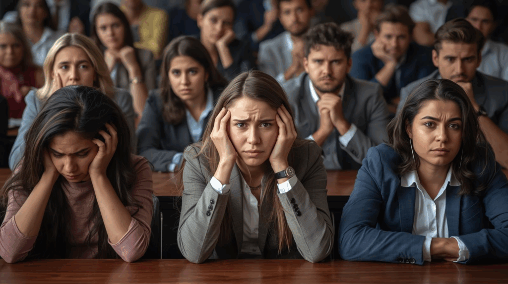 講義を受けるたくさんの人が真剣な表情をしている