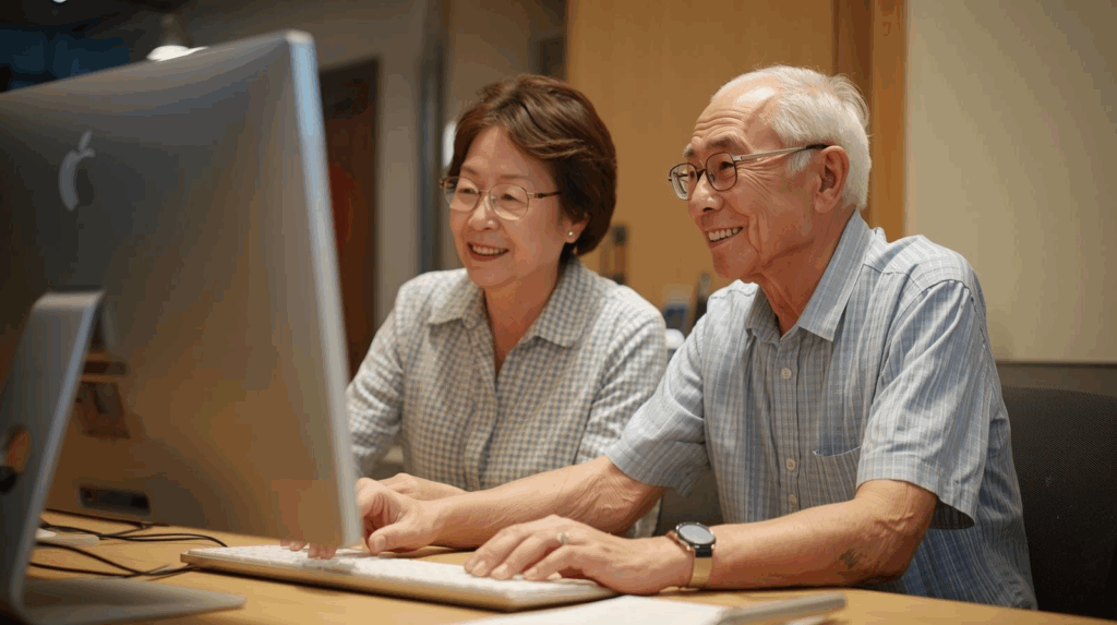 パソコンを操作している老夫婦