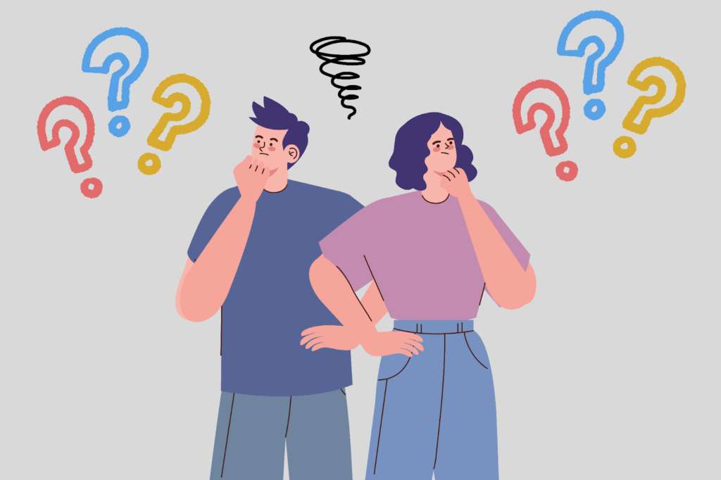 疑問が浮かんでいる男女のイラスト