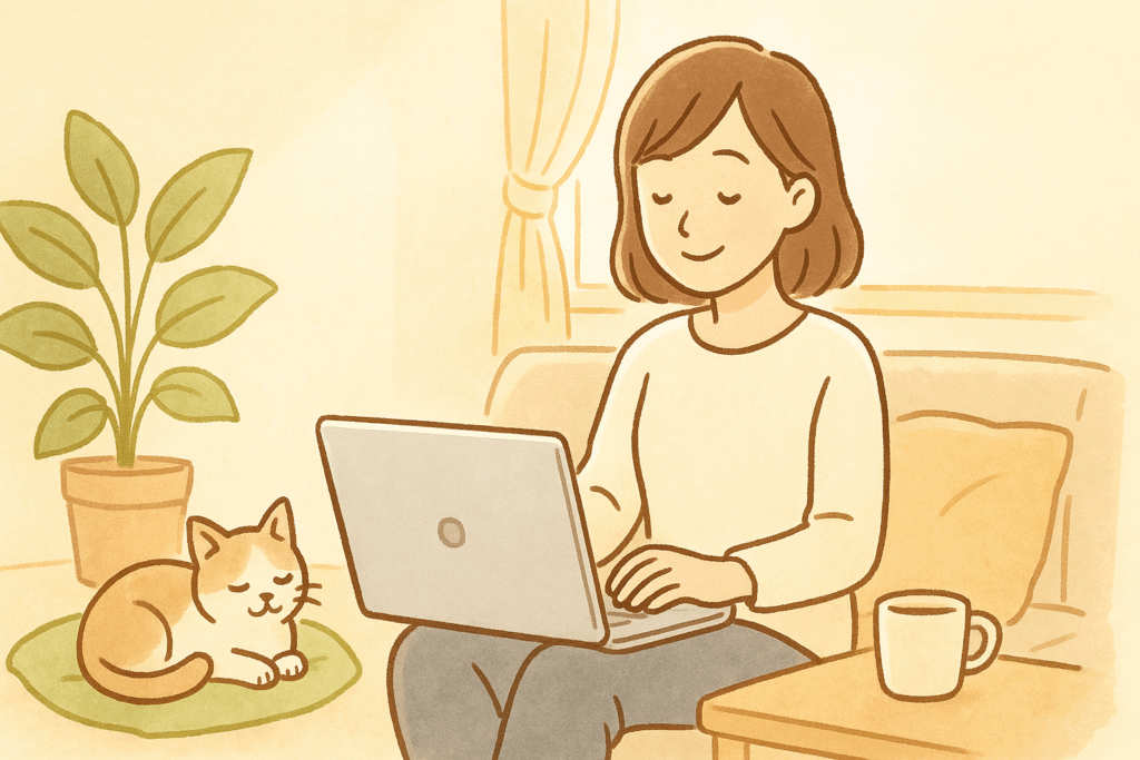 自宅でソファに座りながらパソコンを操作している女性