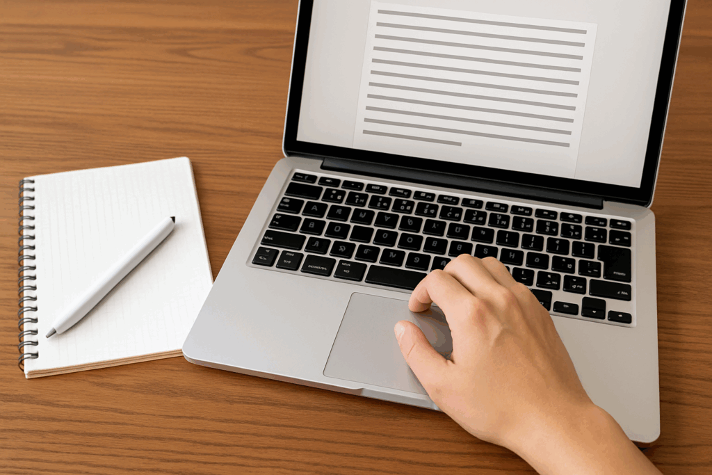 ノートパソコンとノート、ペンを用いて作業している写真