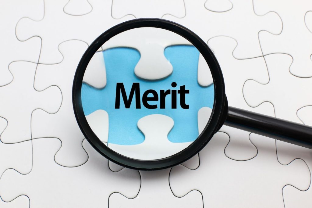 虫眼鏡で「Merit」の文字を写している