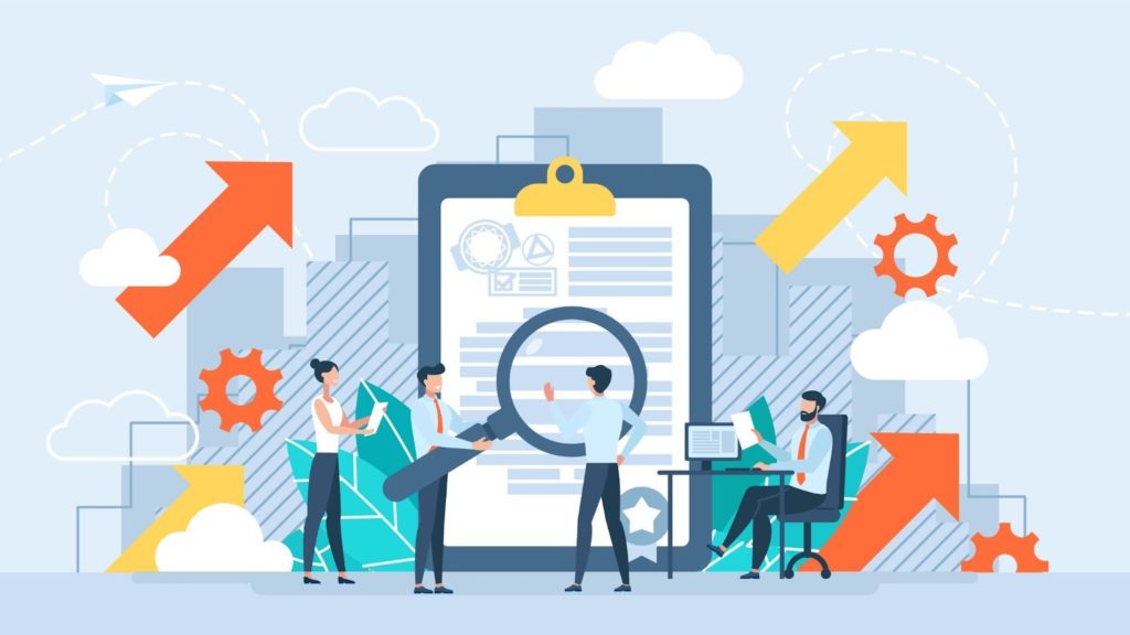 書類を見ながら作業・指示をしている人のイラスト