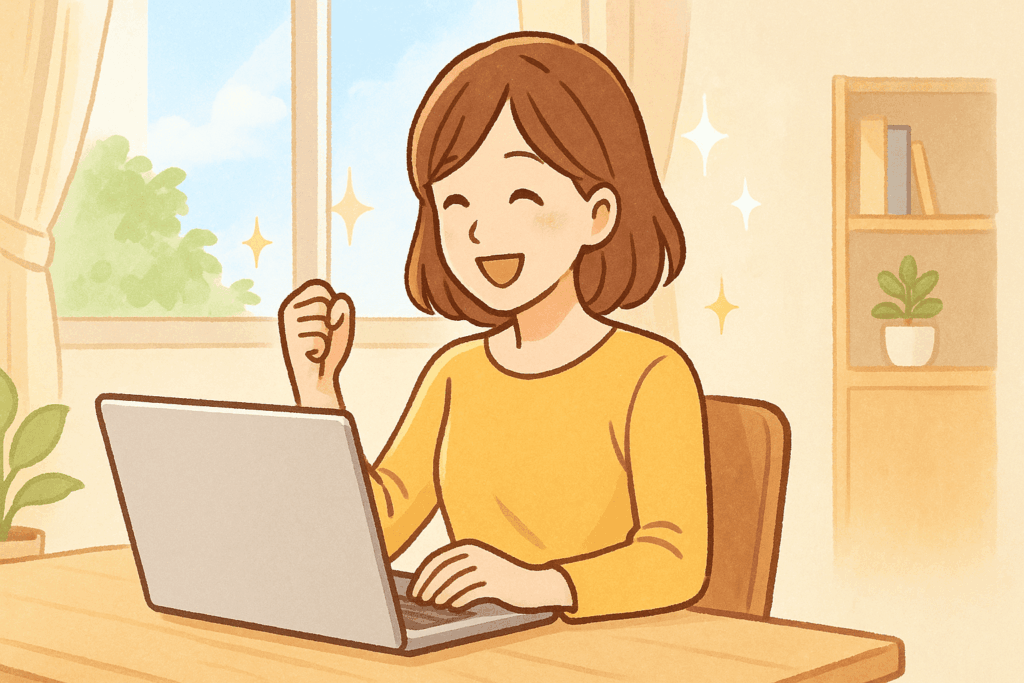 パソコンを操作しながらガッツポーズをする女性