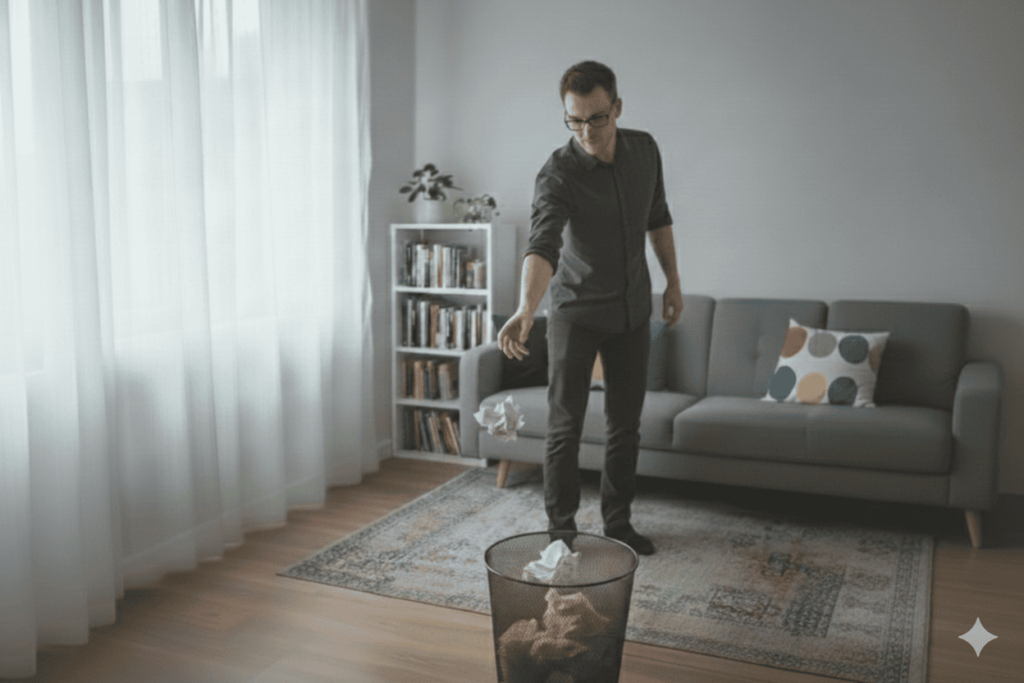 ゴミ箱にゴミを投げ捨てている人