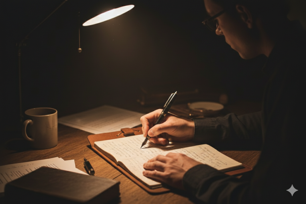 デスクライトだけの照明で、机の上にノートがあり書き込んでいる様子