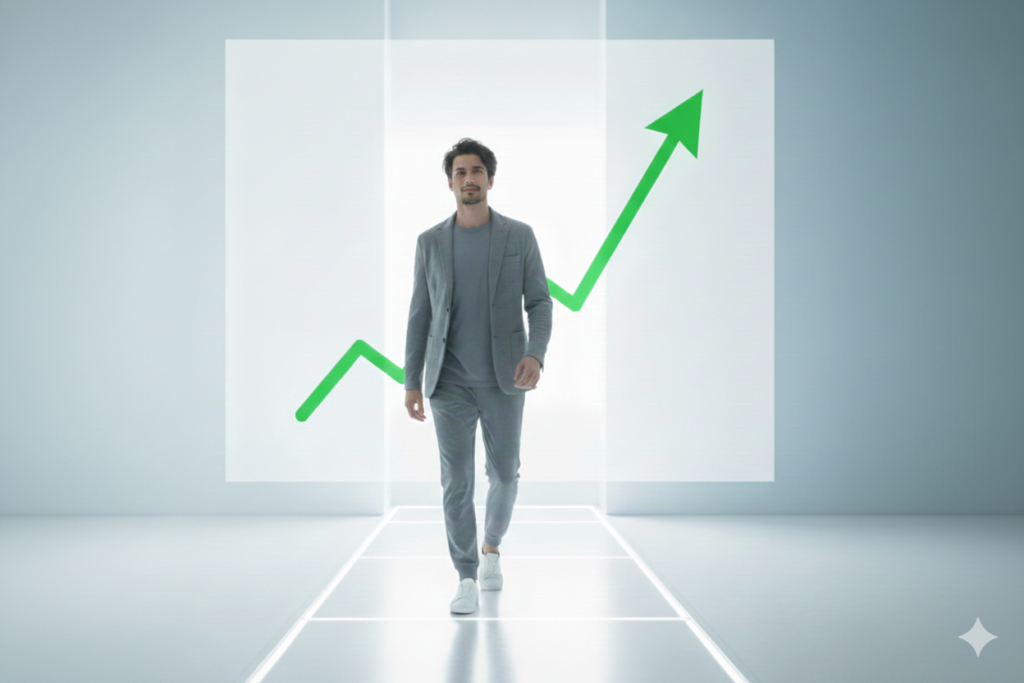 背景に右肩上がりのグラフが描かれており人間も前へ向いて進んでいる