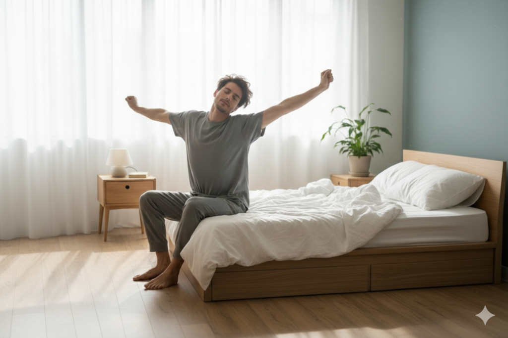 朝のさわやかな様子とベットから起き上がりたて