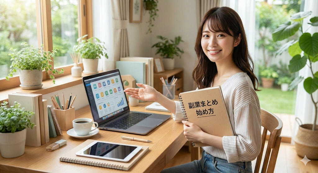 パソコンのあるデスクで副業について学ぶ女性