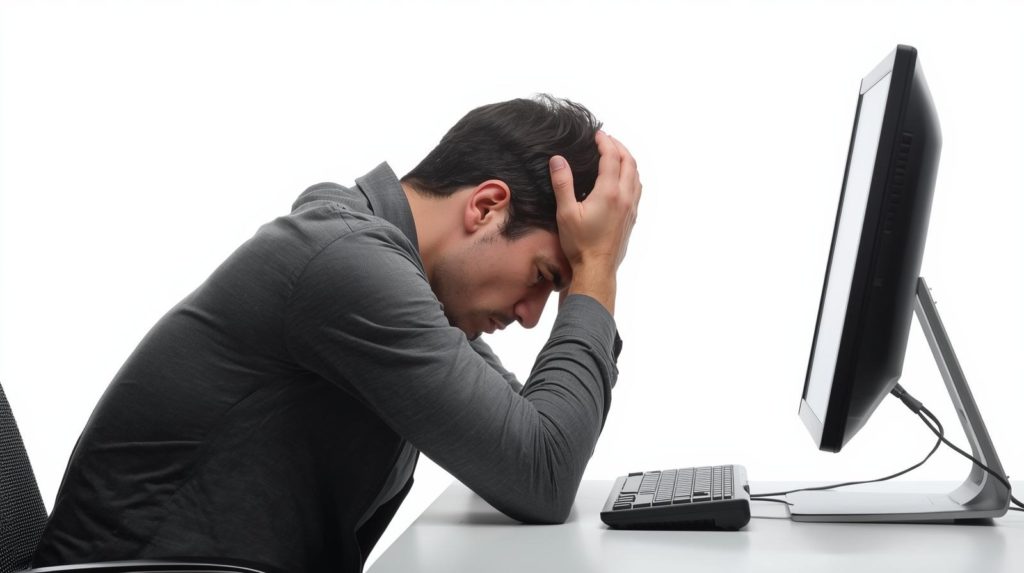 男性がパソコンの前で頭を抱えている