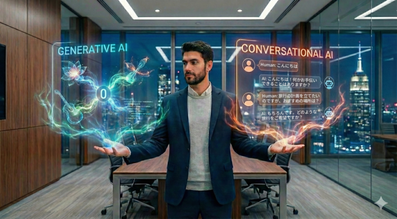 生成AIと対話型AIを比較している男性
