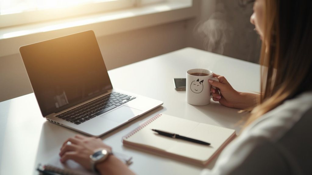 コーヒーを片手にパソコンの画面を見ている女性