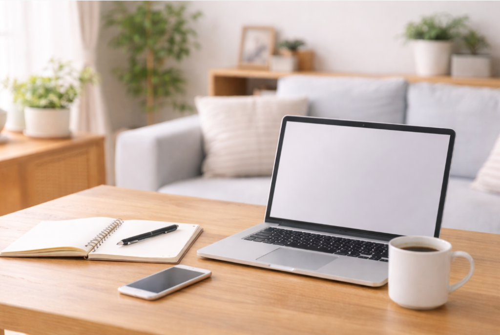 机の上にパソコン、スマホ、コーヒー、ノート、ペンが置いてある