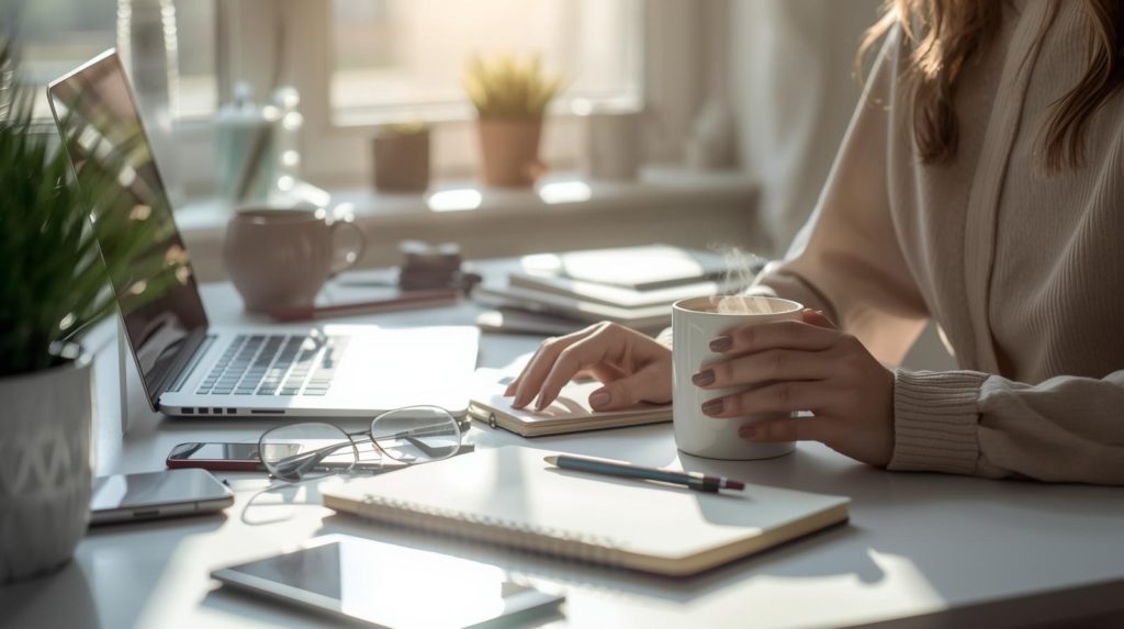 女性がノートパソコンで作業をしている