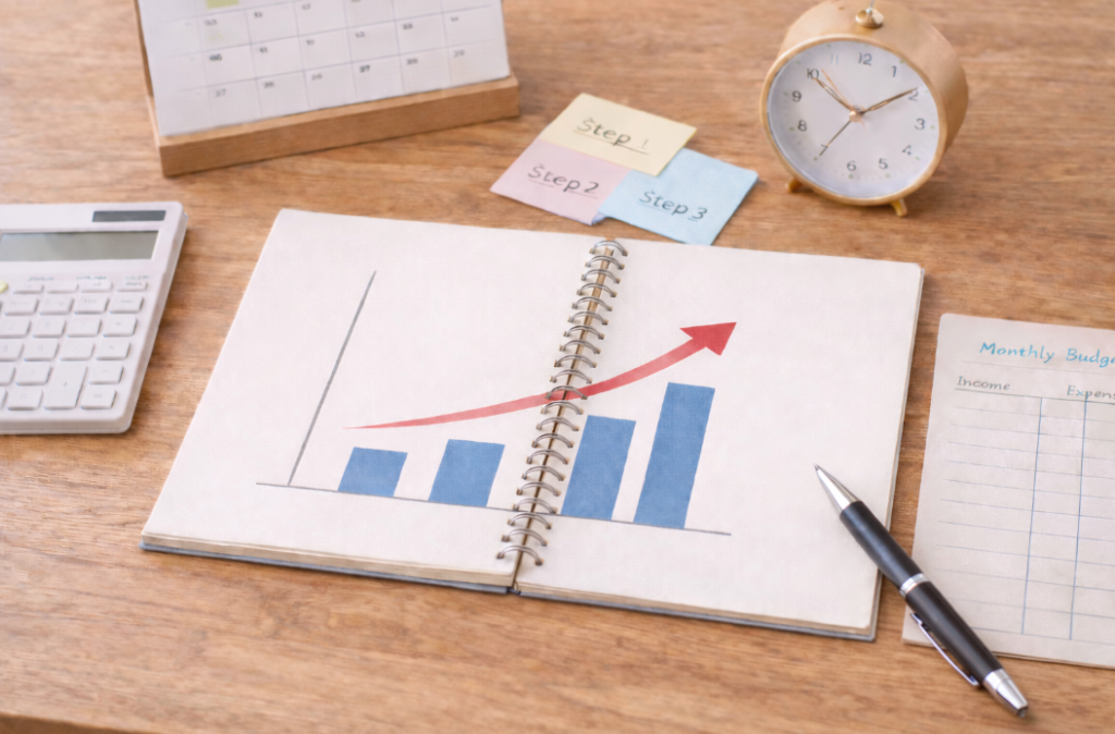 机の上に右肩上がりのグラフが書かれたノートやペン、電卓・付箋などが置かれている