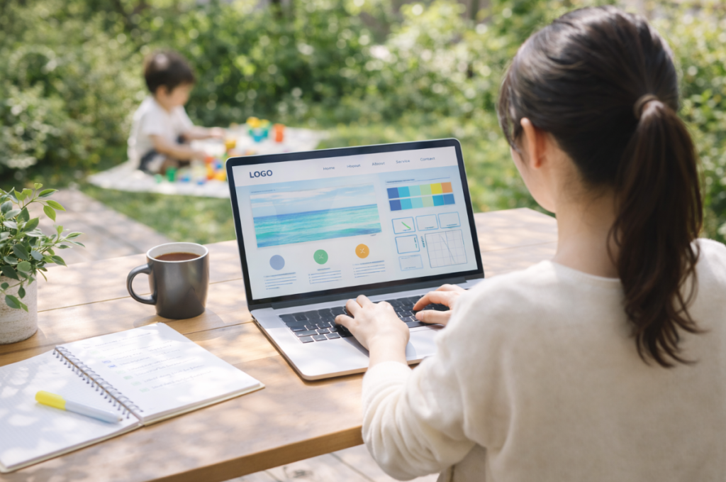 自宅の庭で子どもを遊ばせ、その横でWebデザインの仕事を行う女性の後ろ姿