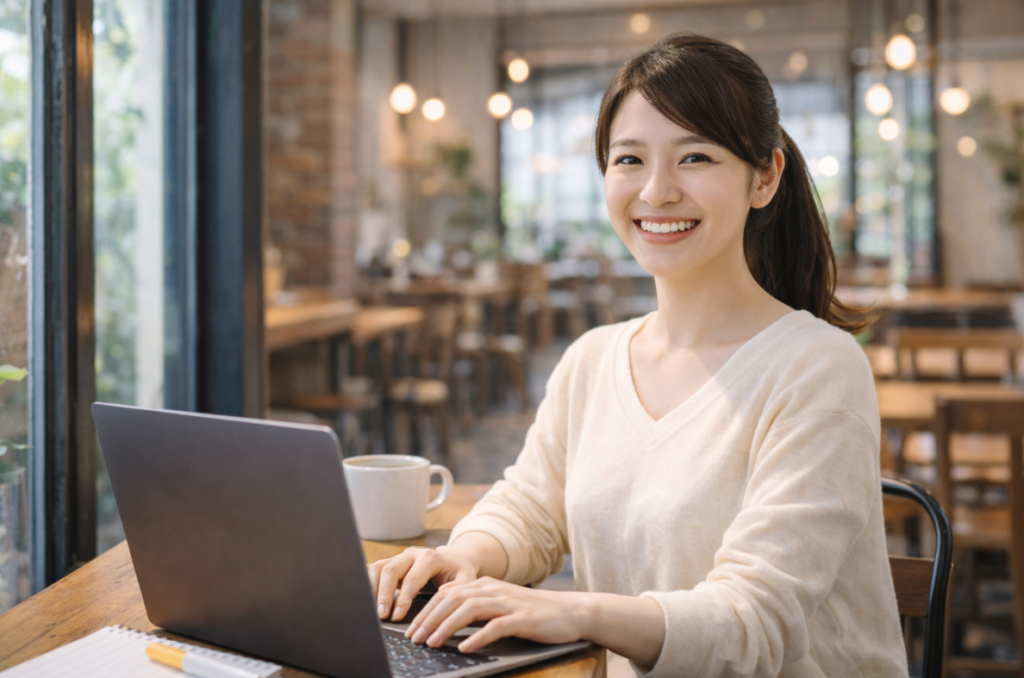 カフェで仕事をしている女性の明るい笑顔
