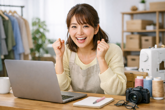 ノートパソコンの前で笑顔でガッツポーズをしたエプロン姿の主婦
