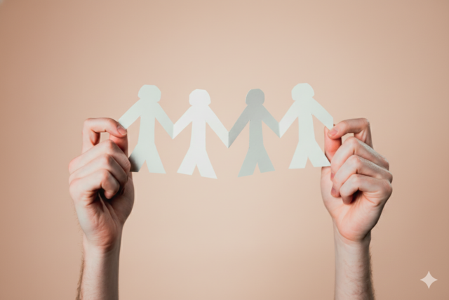 両手で人が4人つながった切り絵を持っている