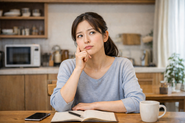女性が椅子に座りノートを広げながら考え込んでいる