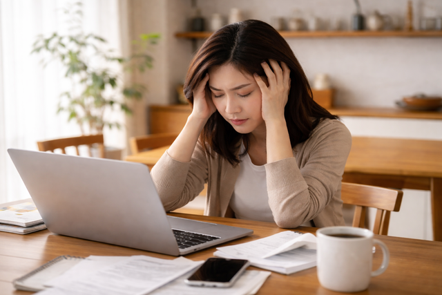 女性がパソコンの前で頭を抱えている