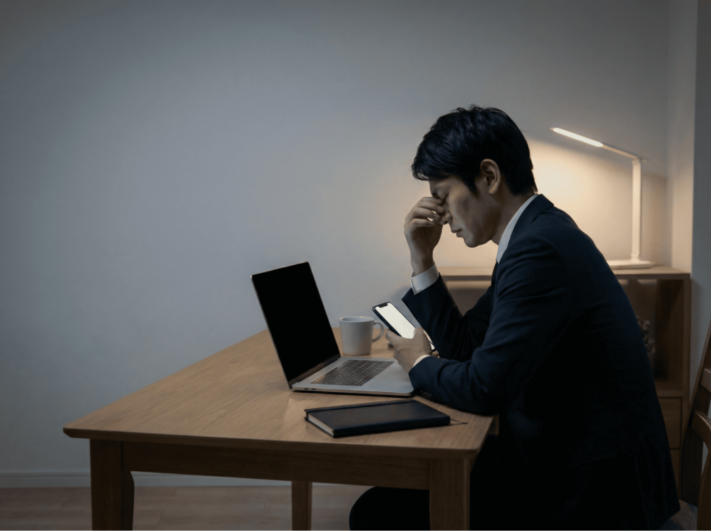 薄暗い部屋でパソコンを開きながら、うつむいている男性