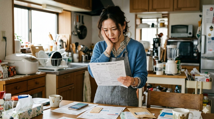 紙を手に持ち悩んでいる主婦