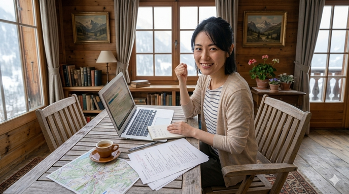 在宅ワークを頑張るぞとガッツポーズをする主婦