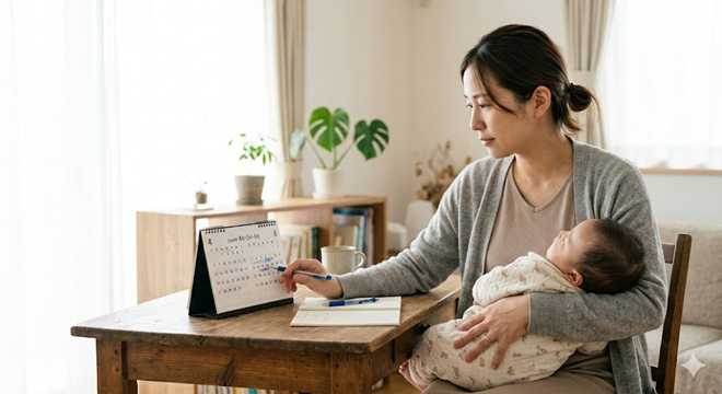 産後に赤ちゃんを抱きながら、「在宅ワークをいつから始めようか」と、カレンダーを見ながら考えているママ。
