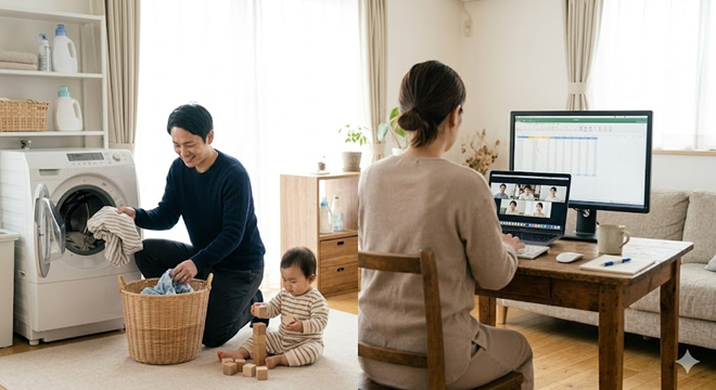 パパが家事の分担のなかで、洗濯物の取り込みと子供のお世話を担当している間、ママはパソコン作業に集中。夫婦で協力して在宅ワークと子育てを両立させている様子。