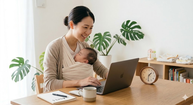 一日のスケジュールに沿って時計を気にしながら、パソコンに向かって在宅ワークと子供のお世話をこなしているママ。