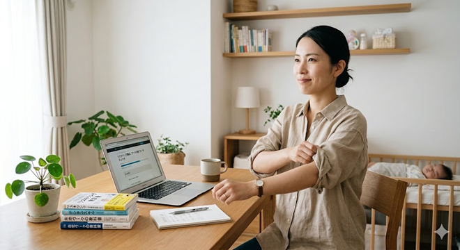 産後に在宅ワークに励みながら、さらに自分に必要なスキルを習得することを決心して、パソコンの前で腕まくりをするママ。