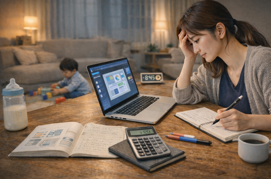 夕方、机で作業をしながら悩む女性。背景ではお子様が一人遊びをしている。