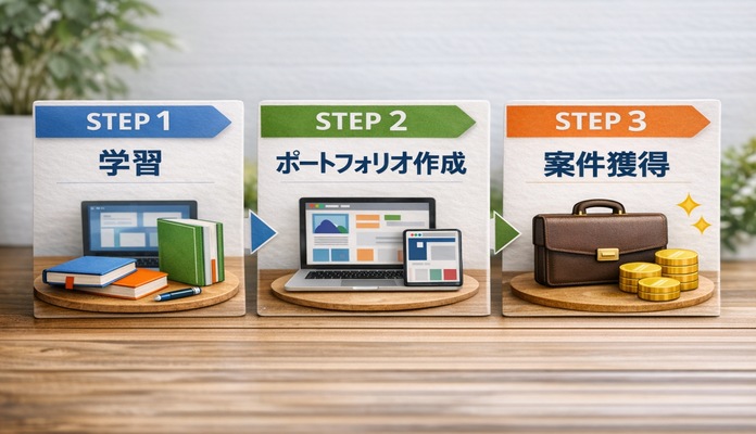 「学習」「ポートフォリオ作成」「案件獲得」の３STEP