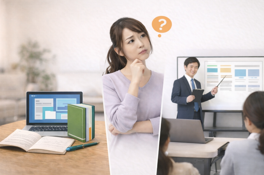 左に独学の様子、真ん中に迷う女性、右にスクールの様子