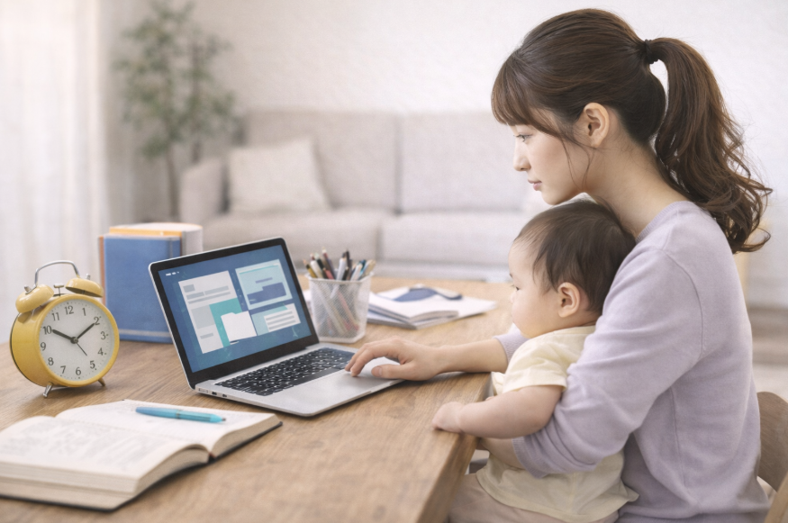 赤ちゃんを抱えながら机で作業する女性