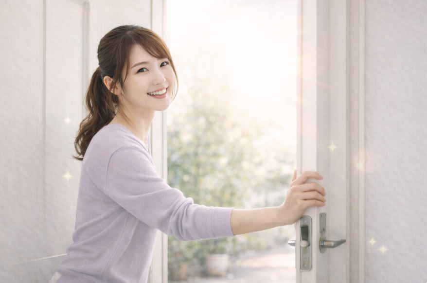 ドアの向こうは明るい。こちらを向き、前向きな表情の女性。