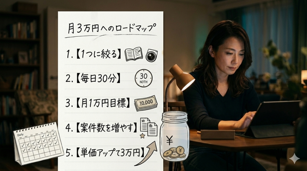 女性がパソコンに向かって作業をしている。月3万円へのロードマップのイラストが添えてある。