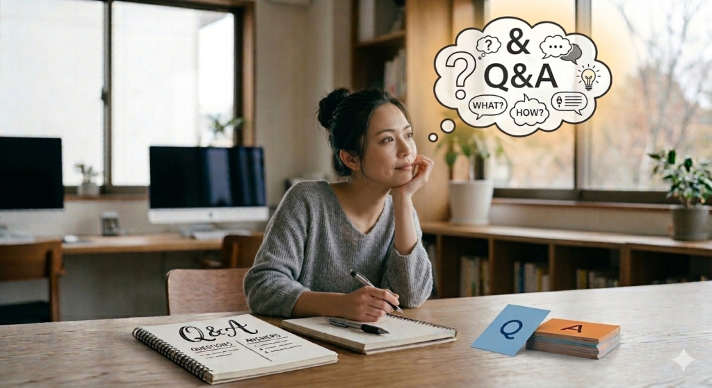 Q&A、良くある疑問などを思い浮かべる女性