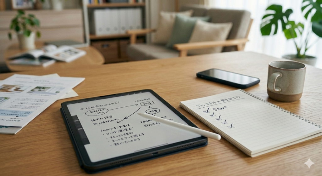 ノートとタブレットにタスクを洗い出して何かを始めるイメージ