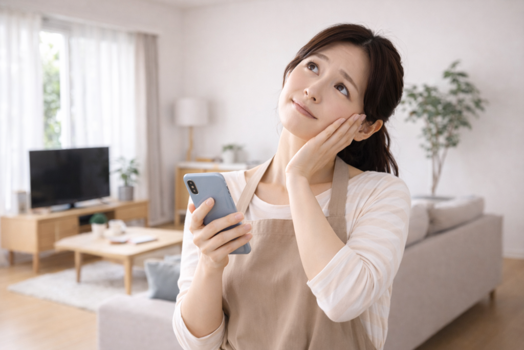 右手でスマホを持ち左手を頬に当てながら悩んでいる女性