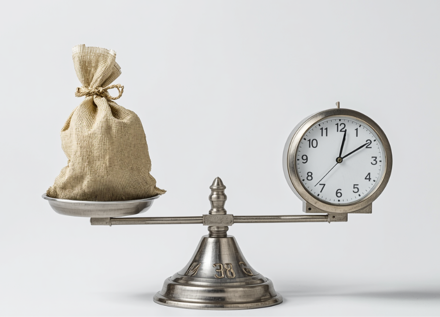 天秤に片方は時間、片方はお金のマークでつり合いが取れている写真