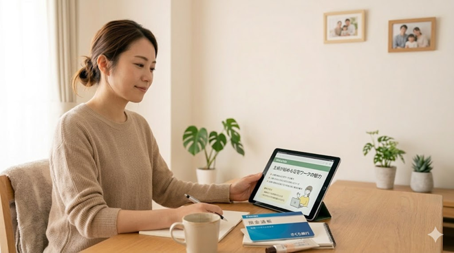 在宅ワークでパートより稼ごうと決めて、自宅でパソコンに向かって事前準備を進める主婦