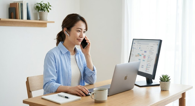 副業の在宅ワークとして、パソコンに向かいながら電話対応をしている主婦