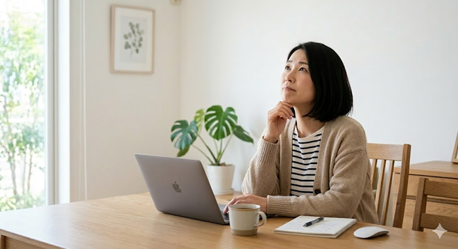 パソコンに向かって在宅ワークを続けるなかで、小さなつまづきや問題に直面しながらも、前向きに対処する主婦