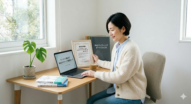 パソコンに向かって在宅ワークを続けるなかでスキルアップに挑戦し、着実にステップアップする主婦