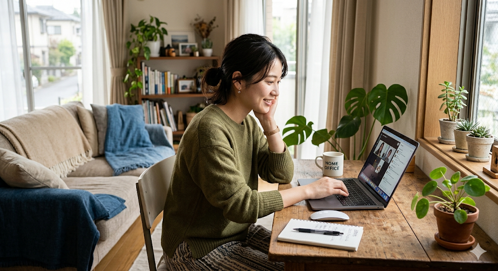 自宅でパソコンに向かって作業している女性